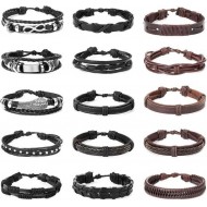 15pcs Braided Leather Bracelet For Men Women Cuff Wrap Bracelet Ethnic Tribal Bracelets Adjustable And Brown